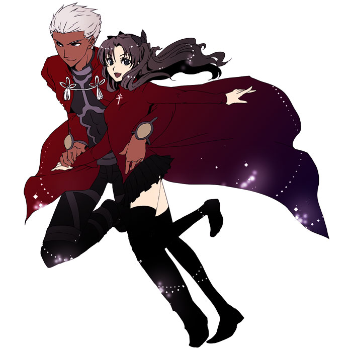161, 1boy, 1girl, archer_(fate), black_thighhighs, blue_eyes, cloak, dark-skinned_male