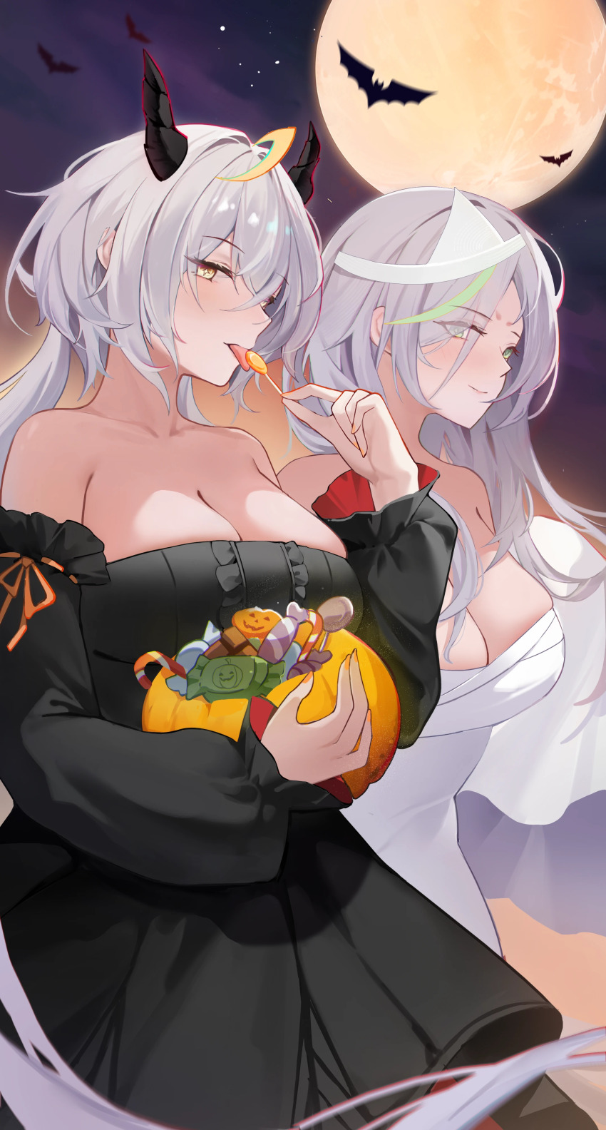 2girls, absurdres, alternate_costume, baige_chen, bare_shoulders, bat_(animal), black_dress, breasts