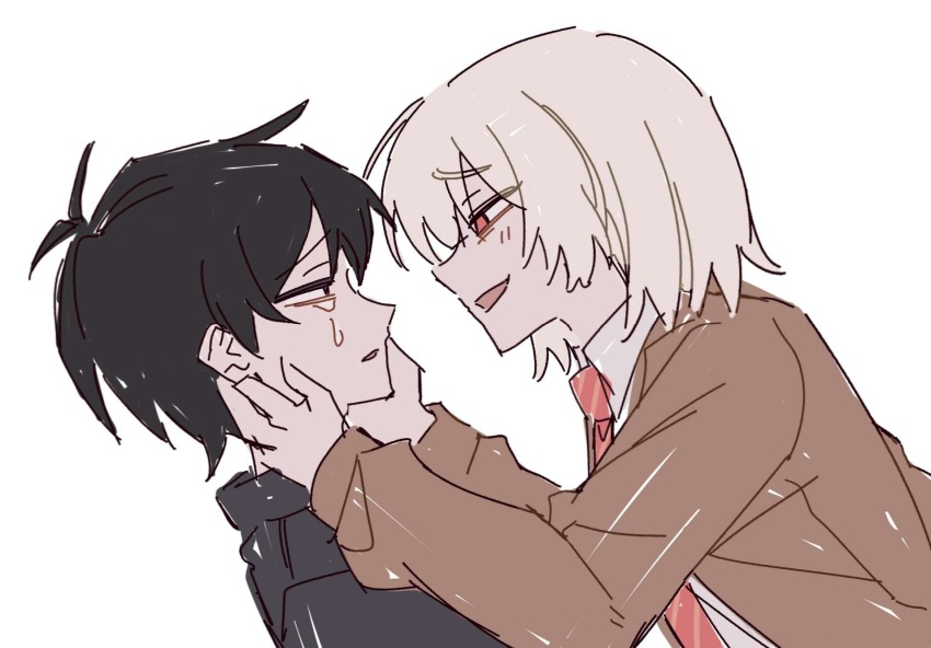 2boys, akinashi_haru, black_hair, black_jacket, brown_jacket, collared_shirt, crying, dress_shirt, eye_contact, from_side, ggppa, grin, hands_on_another's_cheeks, hands_on_another's_face, hashtag-only_commentary, highres, jacket, leaning_back, leaning_forward, looking_at_another, male_focus, multiple_boys, necktie, red_eyes, red_necktie, saihate_eki, shirt, simple_background, smile, tatsunami_shion, tears, upper_body, white_background, white_hair, white_shirt