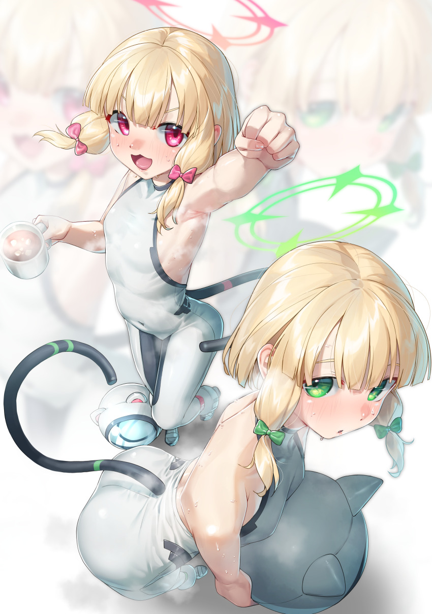 2girls, :d, absurdres, arm_up, armpits, ass, bare_arms, bare_shoulders, bent_over, blonde_hair, blue_archive, blush, bodysuit, breasts, cat_tail, cup, green_eyes, halo, helmet, highres, holding, holding_cup, hot, hot_chocolate, huge_filesize, loli, long_hair, looking_at_viewer, midori_(armed)_(blue_archive), midori_(blue_archive), momoi_(armed)_(blue_archive), momoi_(blue_archive), multiple_girls, official_alternate_costume, open_mouth, siblings, sisters, small_breasts, smile, space_helmet, steam, steaming_body, sweat, tail, twins, unworn_headwear, very_sweaty, walking_nakta, white_bodysuit