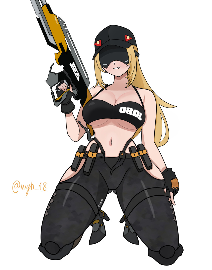 1girl, black_gloves, black_pants, blindfold_mask, blonde_hair, breasts, camouflage, commentary