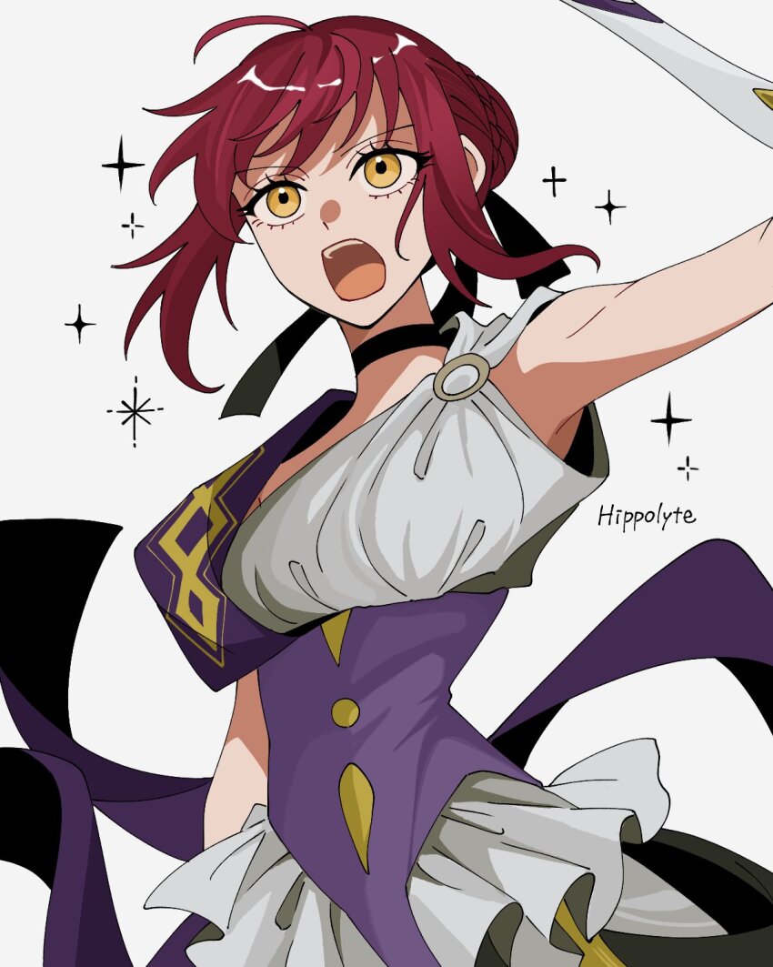 1girl, ahoge, akaisi894, ancient_greek_clothes, black_choker, black_ribbon, character_name, choker, commentary_request, fate/strange_fake, fate_(series), floating_hair, goddess_of_war_(fate), greco-roman_clothes, hair_between_eyes, hair_ribbon, highres, hippolyta_(fate), holding, holding_weapon, open_mouth, red_hair, ribbon, short_hair, simple_background, sleeveless, solo, teeth, upper_teeth_only, weapon, white_background, yellow_eyes