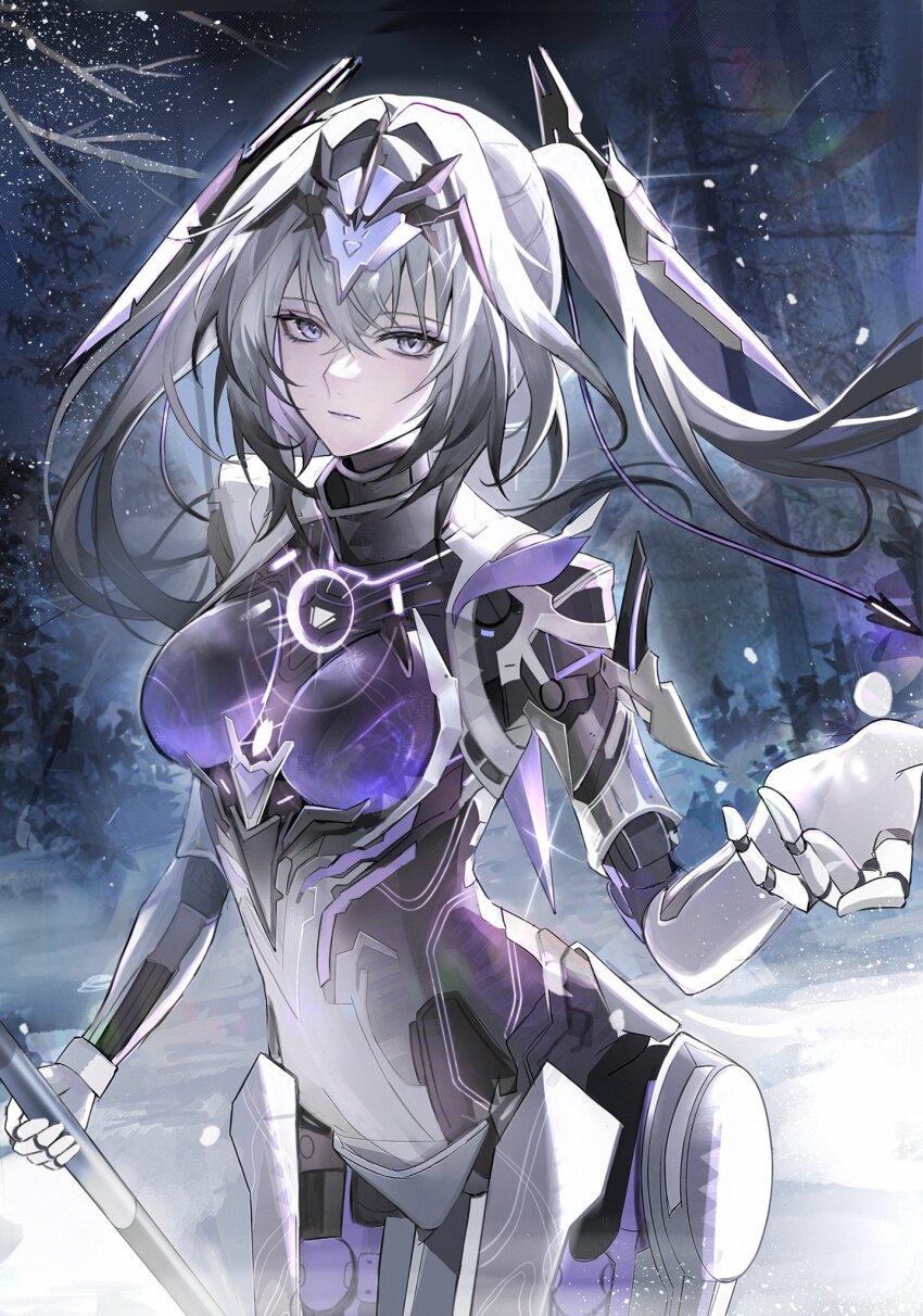 1girl, bare_tree, breasts, closed_mouth, cowboy_shot, crossed_bangs, cyborg, eyeshadow, forehead_protector, grey_hair, hair_between_eyes, hair_ornament, hashtag-only_commentary, headgear, highres, holding, holding_polearm, holding_weapon, joints, long_hair, looking_at_viewer, makeup, mecha_musume, mechabare, mechanical_arms, mechanical_legs, medium_breasts, mewutd, night, outdoors, polearm, punishing:_gray_raven, purple_eyes, purple_eyeshadow, robot_joints, rosetta:_arete_(pgr), rosetta_(pgr), see-through_body, sidelocks, snow, snowing, solo, spear, standing, tree, weapon, white_hair