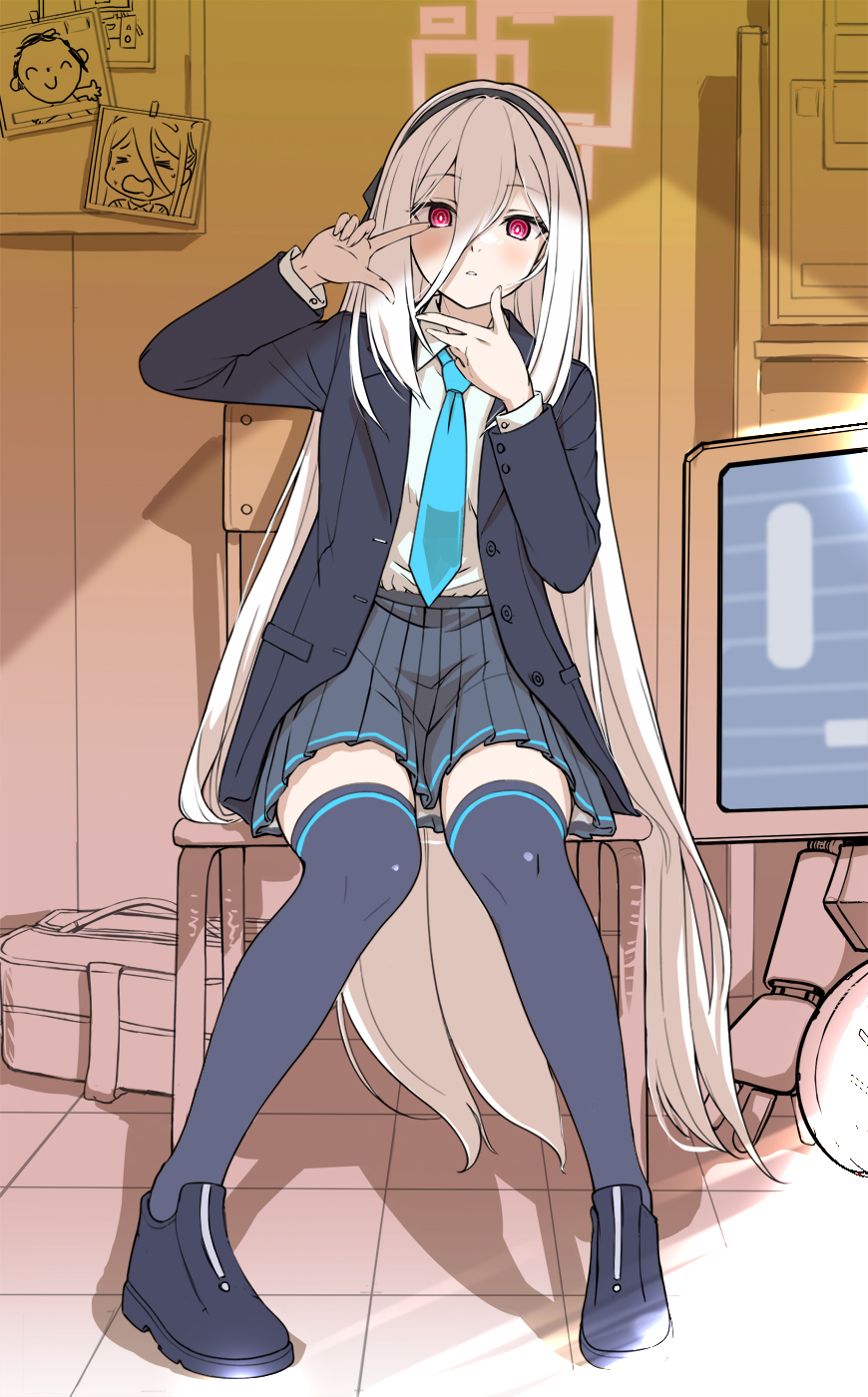 1girl, aris_(blue_archive), black_hairband, black_jacket, black_shoes, black_skirt, black_thighhighs, blue_archive