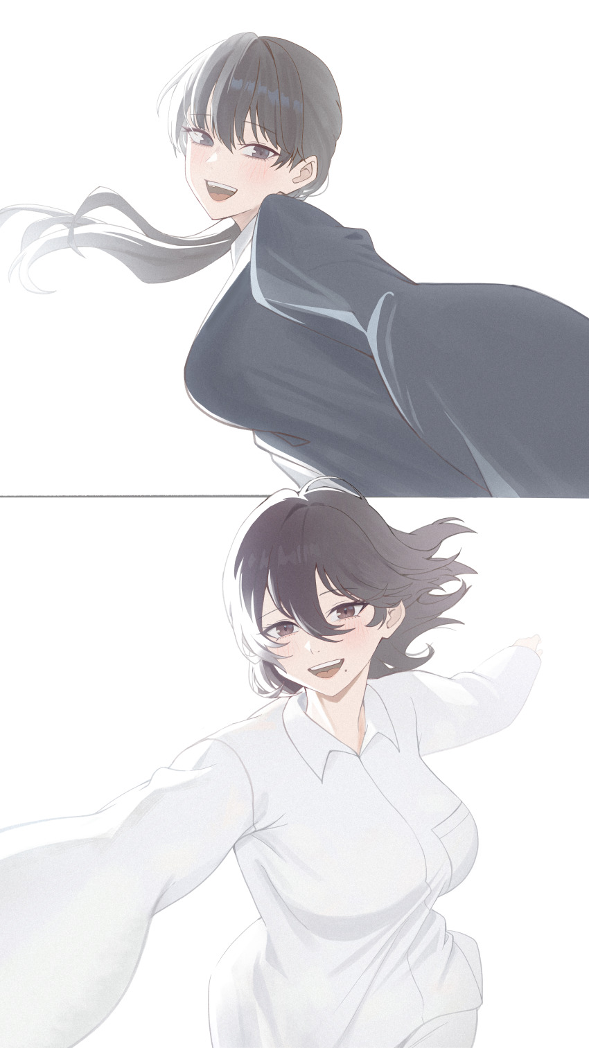 2girls, absurdres, alternate_breast_size_(larger), black_eyes, black_hair, blue_shirt, breasts, collared_shirt