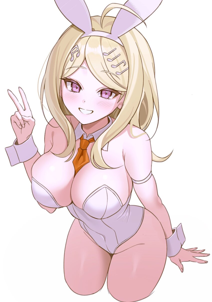 1girl, absurdres, ahoge, akamatsu_kaede, animal_ears, armband, bare_shoulders, blonde_hair
