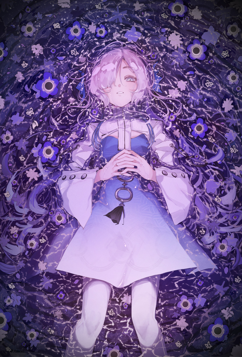 1girl, absurdres, afloat, archivexviixxi, blue_dress, blue_flower, commentary, dress, english_commentary, flower, hair_over_one_eye, highres, isekaijoucho, kamitsubaki_studio, long_hair, looking_at_viewer, nemophila_(flower), own_hands_together, pantyhose, shrug_(clothing), smile, solo, virtual_youtuber, white_hair, white_pantyhose, white_shrug
