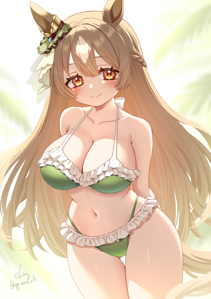 1girl, alternate_costume, animal_ears, arms_behind_back, backlighting, bikini, blurry, blurry_background