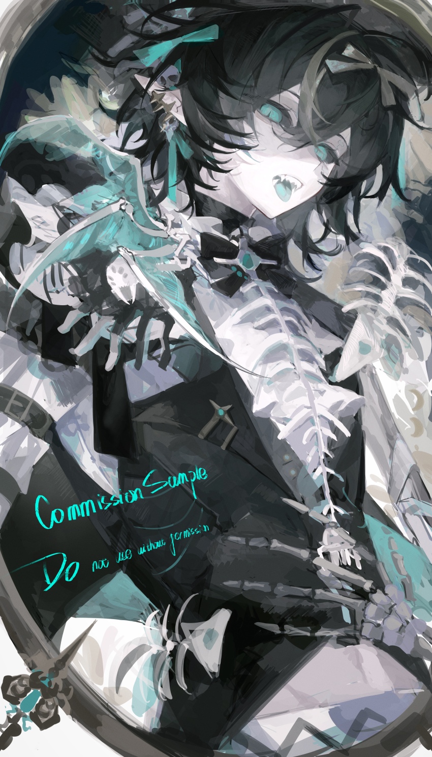 1boy, absurdres, aqua_bow, aqua_eyes, aqua_tongue, black_bow, black_bowtie, black_hair