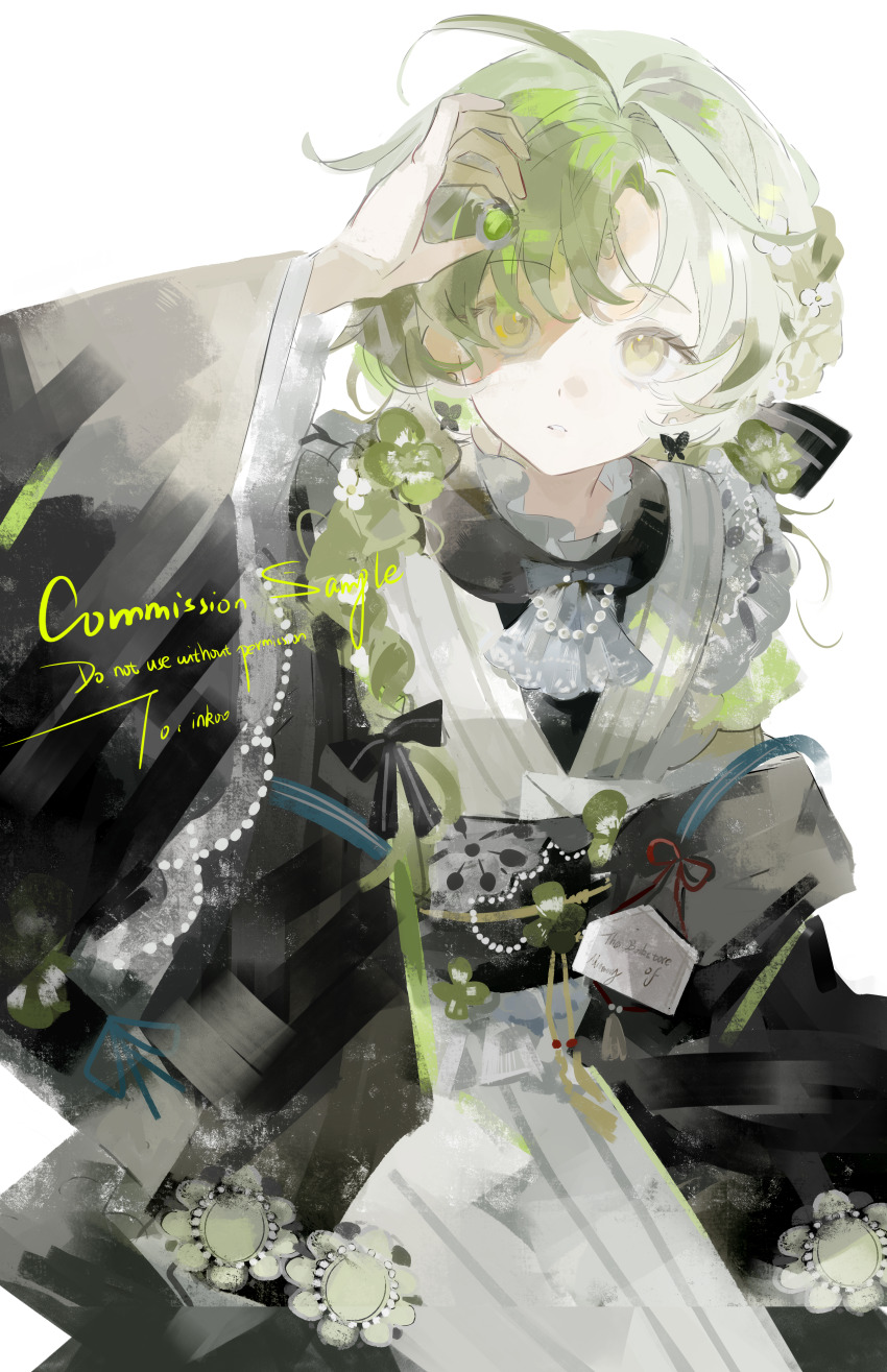 1girl, absurdres, ahoge, ascot, black_coat, bow, coat, commission