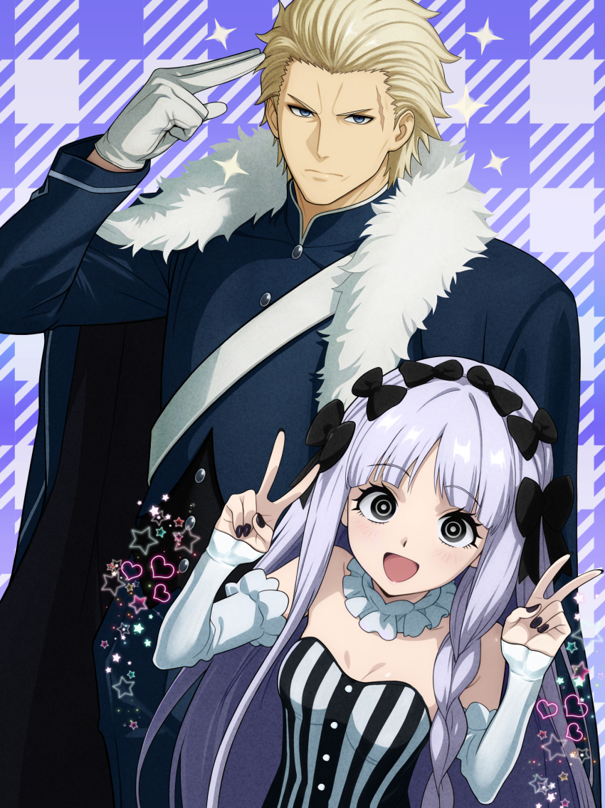 1boy, 1girl, bare_shoulders, black_bow, black_eyes, blonde_hair, blue_coat, blue_eyes