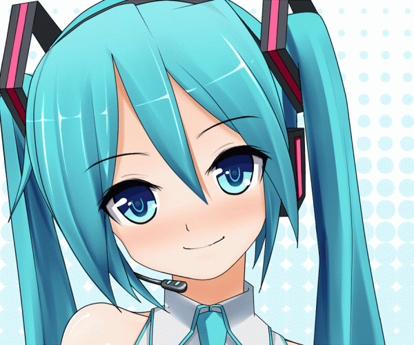 1girl, animated, animated_gif, aqua_eyes, aqua_hair, bare_shoulders, blush, eto, female_focus, fukkireta, hair_between_eyes, hair_ornament, hair_ribbon, halftone, halftone_background, hatsune_miku, headset, long_hair, necktie, one_eye_closed, polka_dot, polka_dot_background, ribbon, ringed_eyes, solo, twintails, upper_body, vocaloid, wink, winking_(animated)
