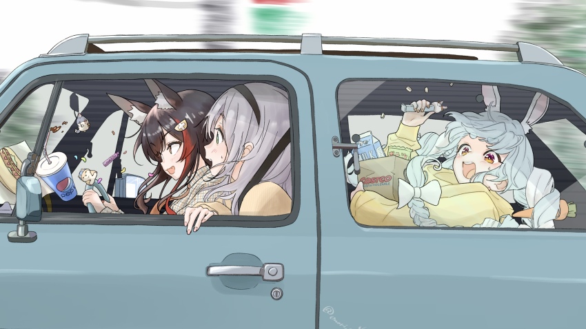 3girls, absurdres, animal_ear_fluff, animal_ears, bag, black_hair, black_hairband, blue_car
