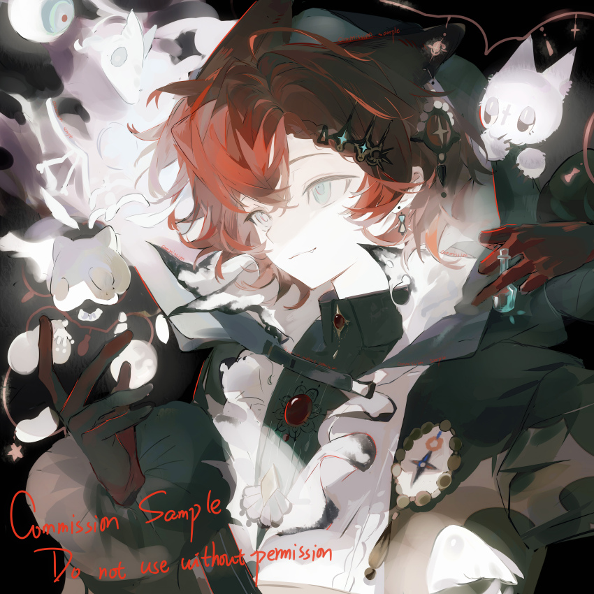 1boy, absurdres, bottle, brooch, commission, crossed_bangs, earrings, fang