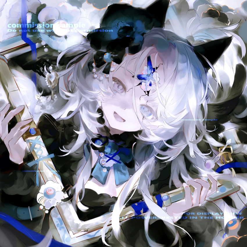 1girl, absurdres, black_bow, blue_bow, blue_bowtie, blue_butterfly, blue_eyes, blue_flower