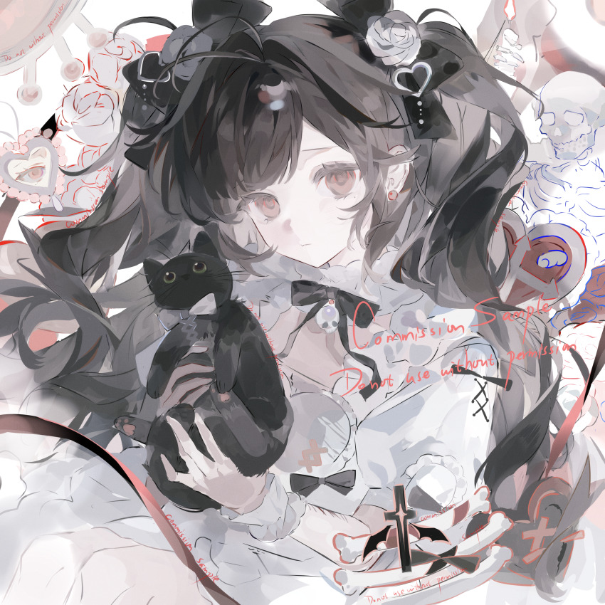 1girl, absurdres, animal, antenna_hair, black_cat, bone, bow, brown_bow, brown_hair, cat, choker, closed_mouth, commission, cross, dress, earrings, eyelashes, flower, frilled_choker, frills, hair_bow, hair_flower, hair_ornament, heart, heart_hair_ornament, highres, holding, holding_animal, holding_cat, jewelry, liangzhi_mian_gou, long_hair, looking_at_viewer, mihuashi_commission, mole, mole_under_eye, original, pale_skin, puffy_short_sleeves, puffy_sleeves, red_eyes, red_ribbon, ribbon, rose, sample_watermark, scar, self-harm_scar, short_sleeves, skeleton, solo, square, swept_bangs, twintails, watermark, white_choker, white_dress, white_flower, white_rose, white_wrist_cuffs, wrist_cuffs