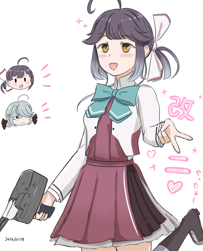 3girls, absurdres, adapted_turret, ahoge, aqua_bow, aqua_bowtie, black_eyes, bow