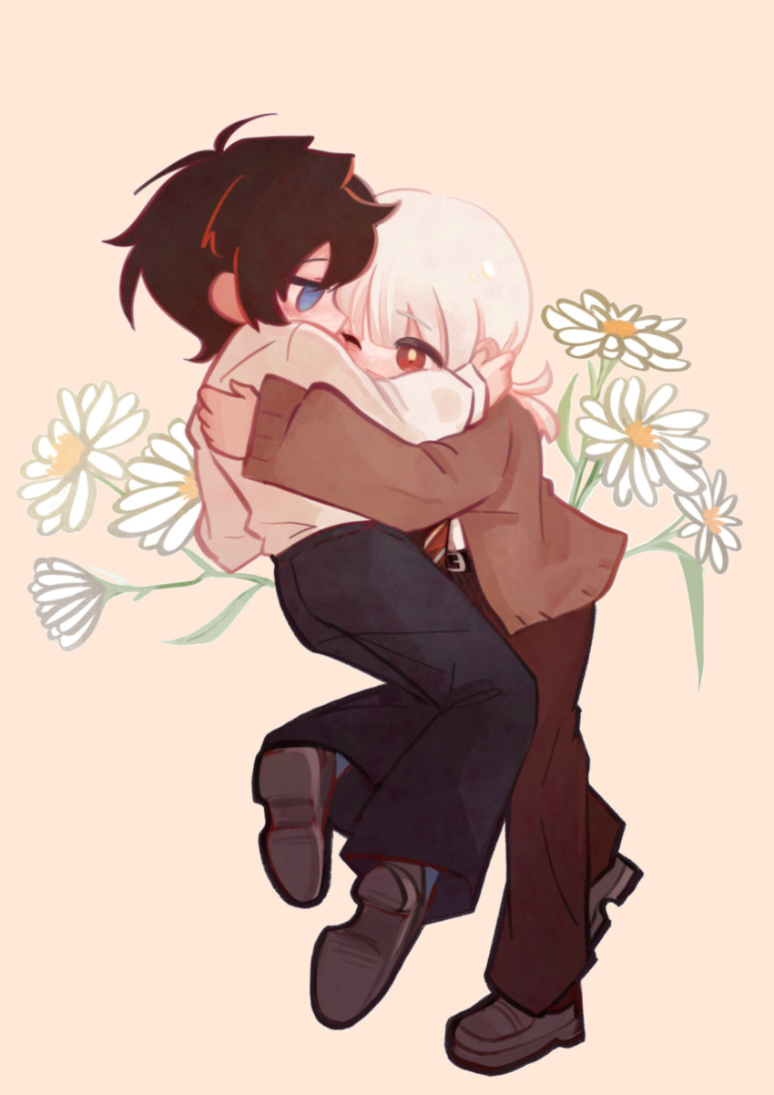 2boys, absurdres, akinashi_haru, black_hair, black_pants, blue_eyes, brown_cardigan, brown_pants, cardigan, chinese_commentary, commentary_request, dress_shirt, eye_contact, fleabane, flower, highres, hug, lazhu31512, legs_up, looking_at_another, male_focus, multiple_boys, necktie, one_eye_closed, pants, red_eyes, red_necktie, saihate_eki, shirt, standing, tatsunami_shion, white_flower, white_hair, white_shirt