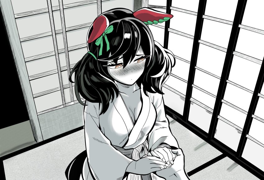 1boy, 1girl, animal_ears, blush, breasts, brown_eyes, commentary, ear_covers, english_commentary, greyscale, highres, holding_hands, horse_ears, horse_girl, indoors, japanese_clothes, kimono, kunitoro_(artist), medium_breasts, medium_hair, monochrome, nice_nature_(umamusume), pov, pov_hands, spot_color, twintails, umamusume