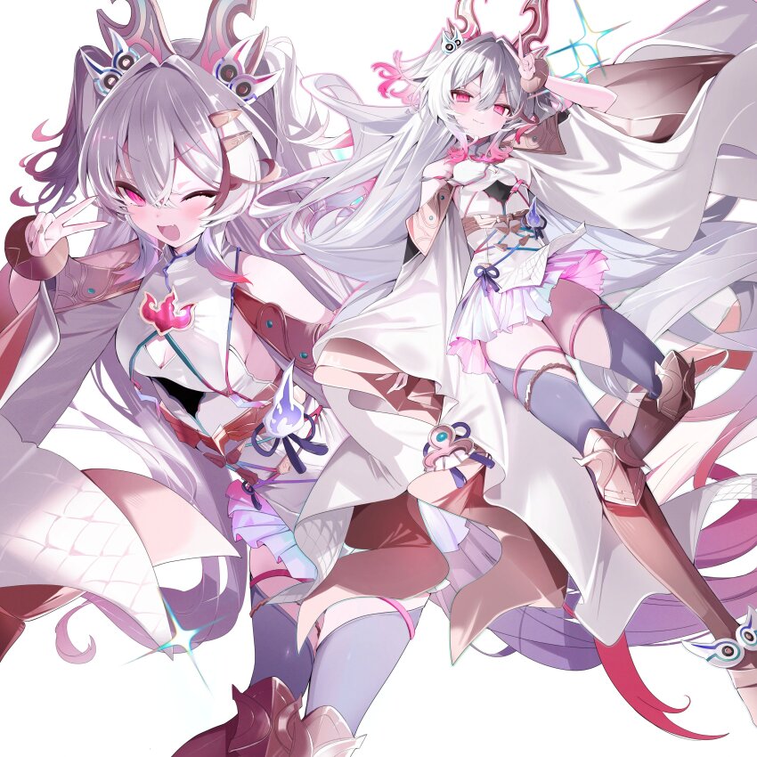 1girl, absurdres, armored_boots, baki_(duel_masters), bangle, boots, bracelet, breasts, brown_hair, cleavage, cleavage_cutout, closed_mouth, clothing_cutout, duel_masters, gradient_clothes, hair_behind_ear, hair_between_eyes, hair_ornament, highres, horns, japanese_clothes, jewelry, kimono, long_hair, looking_at_another, multicolored_hair, multiple_views, one_eye_closed, onodera_nire, open_mouth, pink_eyes, pink_hair, purple_thighhighs, sparkle, thigh_strap, thighhighs, v, v_over_eye, v_over_head, very_long_hair, white_background, white_hair, white_kimono