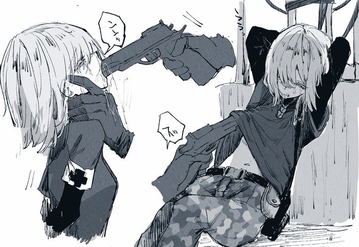 1girl, arms_behind_head, bound, camouflage, camouflage_pants, commentary_request, cross, greyscale