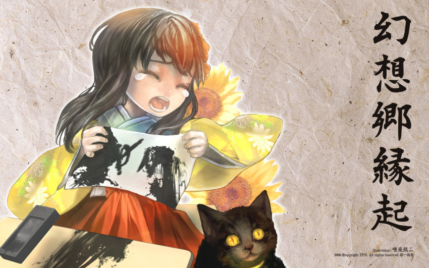 1girl, alternate_hair_color, alternate_hairstyle, asai_genji, black_hair, cat, closed_eyes, crying