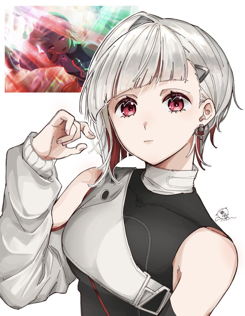 1girl, asymmetrical_hair, bare_shoulders, black_shirt, breasts, closed_mouth, commentary, covered_collarbone