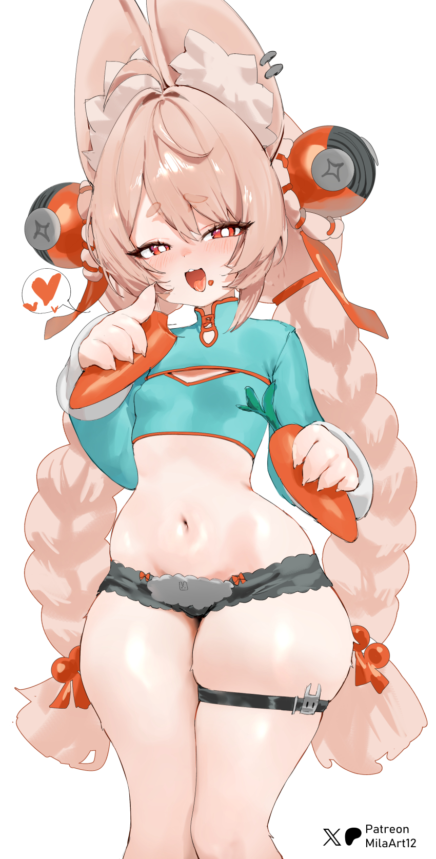 1girl, ahoge, animal_ear_fluff, animal_ears, aqua_shirt, artist_name, blush, braid, breasts, carrot, cleavage_cutout, clothing_cutout, crop_top, cropped_shirt, fang, food, food_on_face, hair_ornament, heart, holding, holding_food, kyojiri_loli, light_brown_hair, loli, long_hair, long_sleeves, looking_at_viewer, micro_shorts, midriff, mila_(milaart12), navel, open_mouth, rabbit_ears, red_eyes, shirt, shorts, simple_background, skindentation, small_breasts, smile, solo, spoken_heart, stomach, symbol-shaped_pupils, thick_thighs, thigh_strap, thighs, twin_braids, very_long_hair, white_background, wide_hips, zenless_zone_zero, zhao_(zenless_zone_zero)