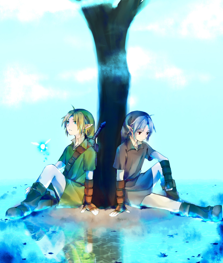 2boys, bad_id, bad_pixiv_id, blonde_hair, blue_eyes, dark_link, different_reflection, dual_persona, fairy, gloves, grey_hair, hat, highres, link, male_focus, multiple_boys, navi, nintendo, pointy_ears, red_eyes, reflection, sword, the_legend_of_zelda, the_legend_of_zelda:_ocarina_of_time, tree, weapon, yuzudaze