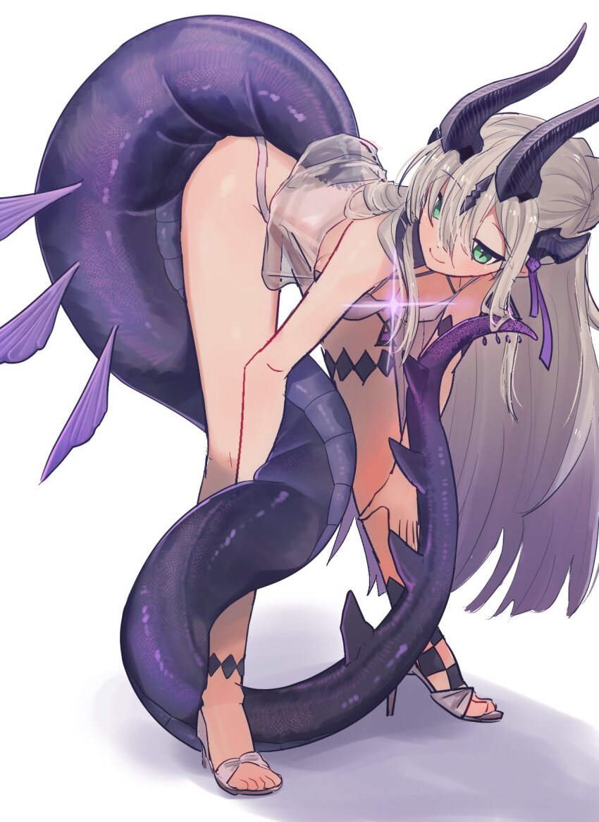 1girl, arknights, bent_over, between_legs, bikini, black_horns, breasts, commentary_request, dragon_girl, dragon_horns, dragon_tail, green_eyes, grey_hair, hair_ribbon, high_heel_sandals, high_heels, highres, horns, iguana152588, long_hair, multiple_horns, necrass_(arknights), necrass_(summer_flowers)_(arknights), official_alternate_costume, purple_tail, ribbon, sandals, see-through_clothes, simple_background, smile, solo, swimsuit, tail, tail_between_legs, very_long_hair, very_long_tail, white_background, white_bikini