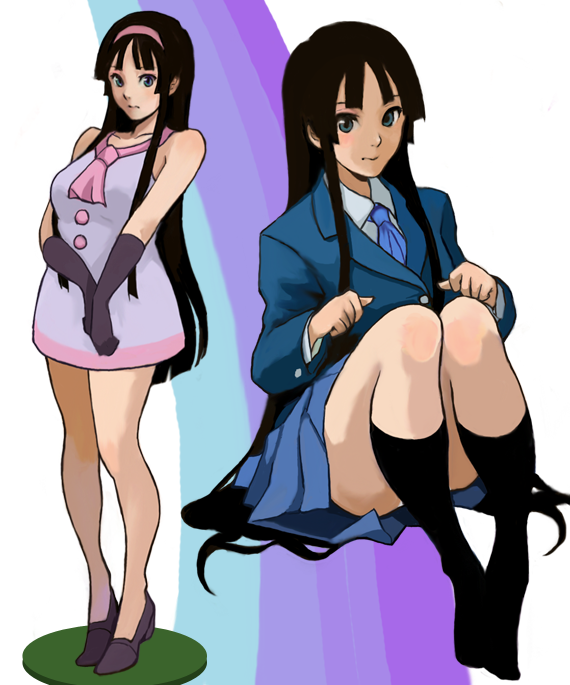 1girl, akiyama_mio, bare_shoulders, black_hair, blazer, reference_sheet, dress, elbow_gloves