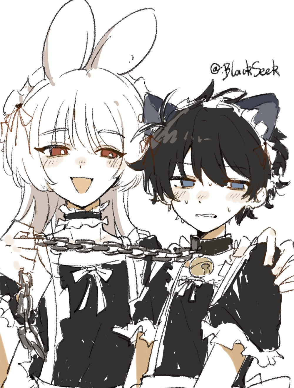 2boys, :d, akinashi_haru, animal_collar, animal_ears, annoyed, averting_eyes, bell