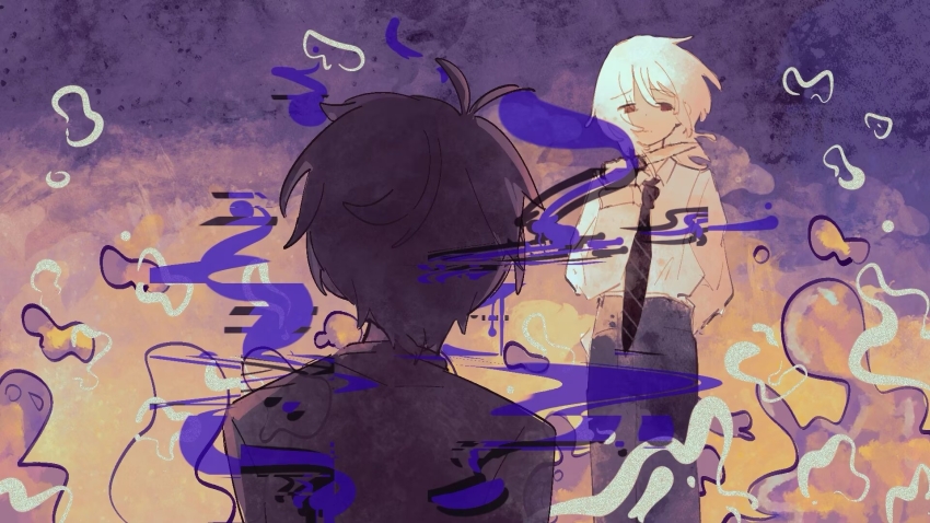 2boys, akinashi_haru, arm_behind_back, averting_eyes, black_necktie, black_pants, blade_to_own_throat, blade_to_throat