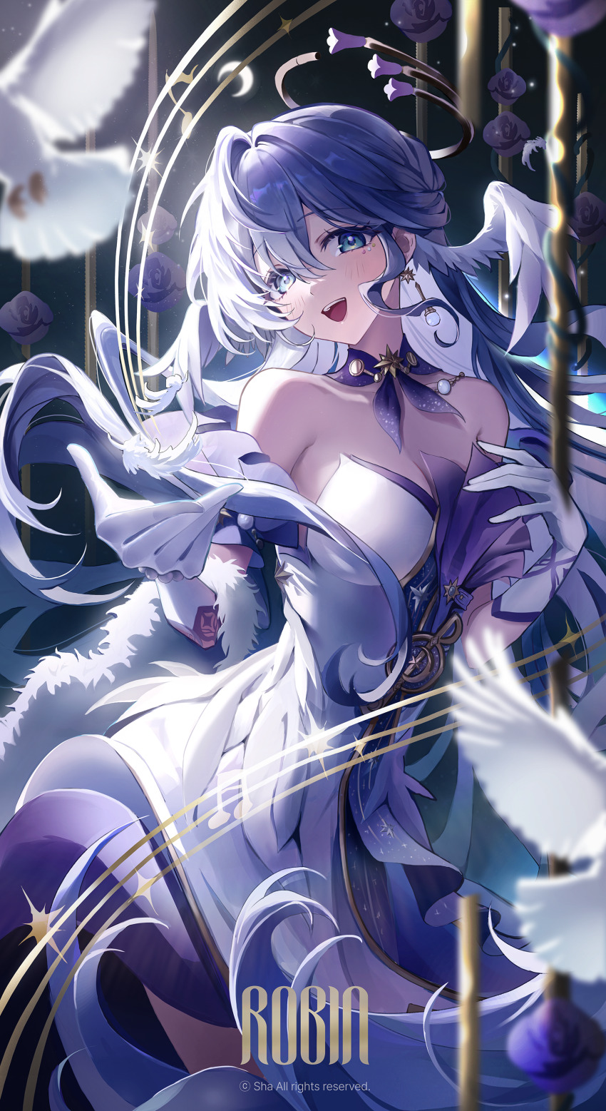 1girl, absurdres, bare_shoulders, bird, blue_eyes, blue_hair, blurry, blurry_foreground