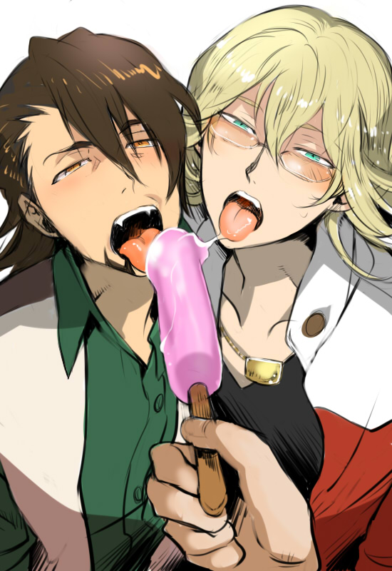 10s, 2boys, barnaby_brooks_jr., blonde_hair, brown_hair, driftwood, glasses, kaburagi_t._kotetsu, male_focus, multiple_boys, open_mouth, popsicle, pov, saliva, saliva_trail, sexually_suggestive, tiger_&amp;_bunny, tongue, tori_(driftwood), yaoi