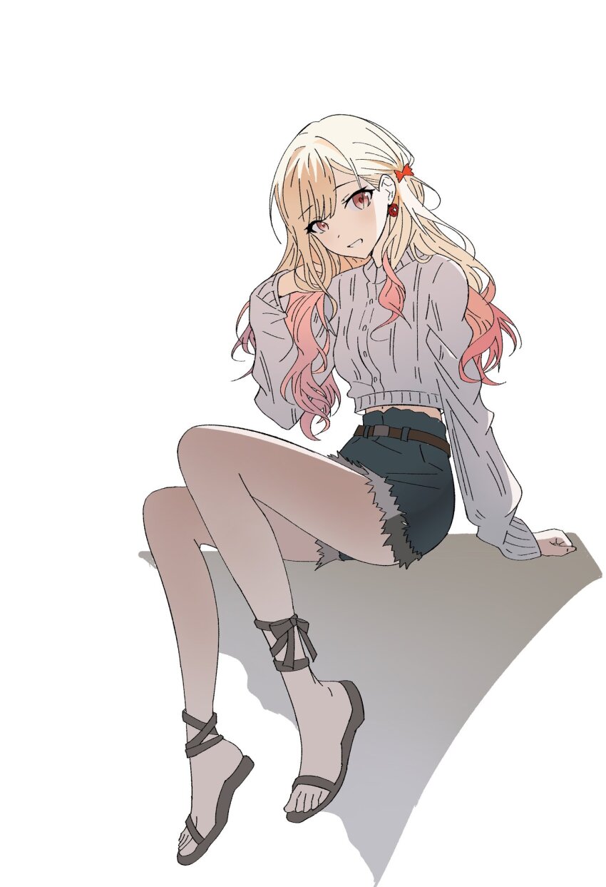 1girl, a0ja9k, arm_support, belt, blonde_hair, blue_shorts, bow, breasts, brown_belt, brown_ribbon, colorful_festival_(project_sekai), cropped_sweater, cutoffs, denim, denim_shorts, gradient_hair, grey_sweater, hair_behind_ear, hair_bow, hand_in_own_hair, hand_up, hashtag-only_commentary, high-waist_shorts, highres, leg_ribbon, long_hair, long_sleeves, looking_at_viewer, midriff_peek, multicolored_hair, official_alternate_costume, official_alternate_hair_length, official_alternate_hairstyle, orange_eyes, pink_hair, project_sekai, red_bow, ribbon, sandals, shadow, short_shorts, shorts, simple_background, single_sidelock, sitting, small_breasts, solo, sweater, swept_bangs, tenma_saki, wavy_hair, white_background