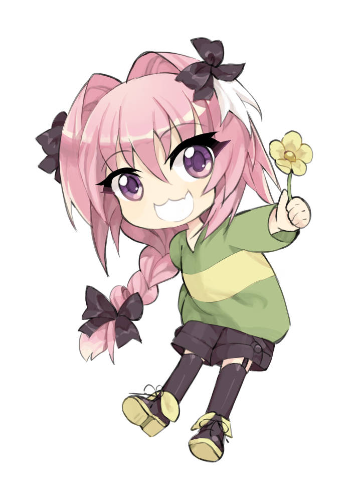1boy, :3, :d, androgynous, astolfo_(fate), aweto, black_garter_straps, black_shoes, black_shorts, braid, chara_(undertale), chara_(undertale)_(cosplay), commentary, cosplay, deformed, english_commentary, eyelashes, fate/apocrypha, fate_(series), flower, garter_straps, hair_intakes, male_focus, multicolored_hair, open_mouth, purple_eyes, shoes, shorts, simple_background, single_braid, single_horizontal_stripe, smile, solo, streaked_hair, undertale, utdr_(toby_fox), white_background, white_mouth, yellow_flower