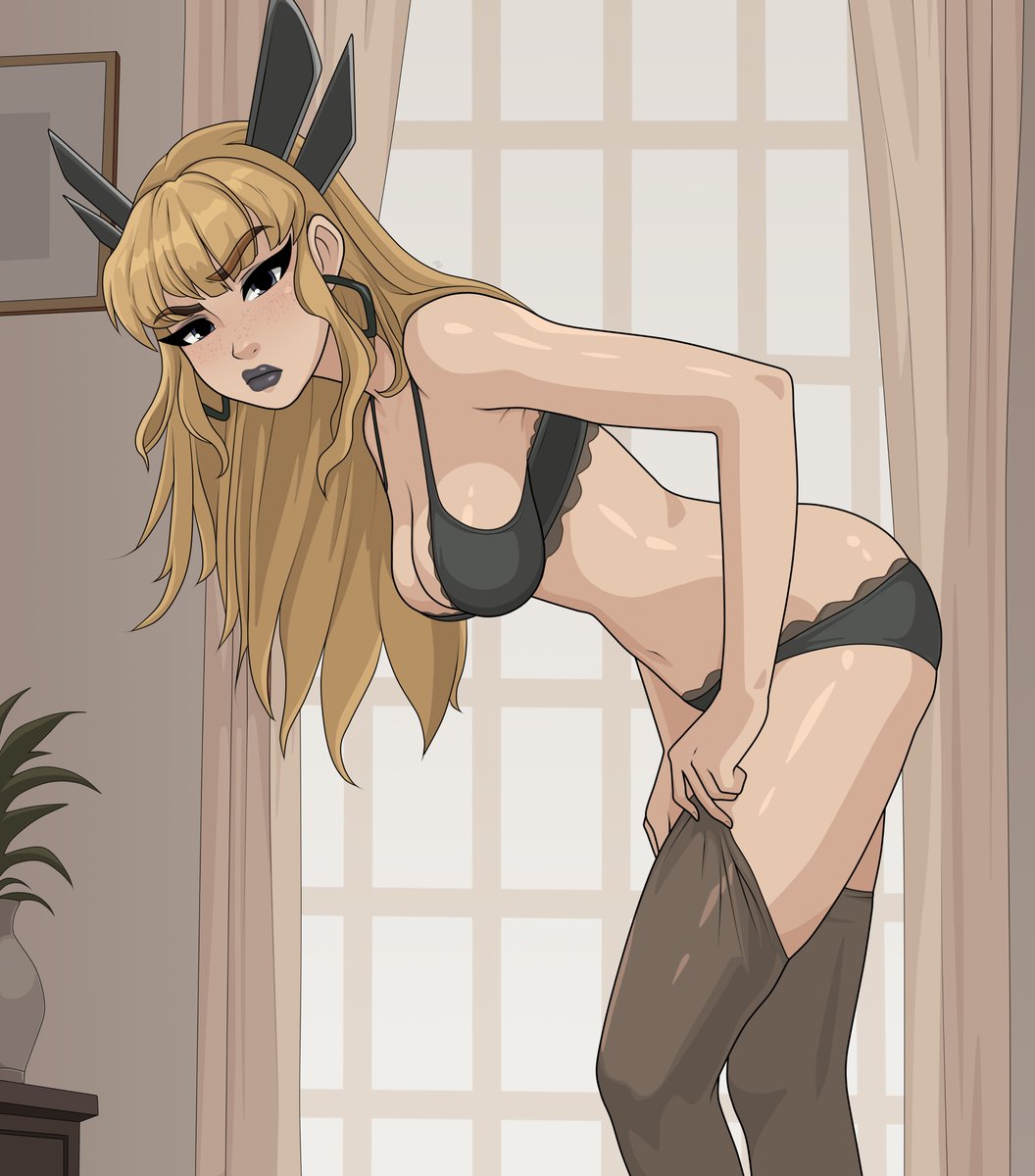 1girl, armpit_crease, black_bra, black_lips, black_panties, black_thighhighs, blonde_hair, blush, bra, breasts, cleavage, commentary, curtains, earrings, english_commentary, hanging_breasts, headgear, highres, indoors, jewelry, kim_kai, lace, lace-trimmed_bra, lace-trimmed_panties, lace_trim, leaning_forward, looking_at_viewer, magik_(x-men), marvel, marvel_rivals, navel, panties, picture_frame, plant, sidelocks, solo, thick_eyebrows, thighhighs, thighhighs_pull, underwear, underwear_only, vase, window, x-men