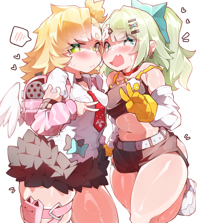 2girls, absurdres, arm_warmers, bag, bandaid, bandaid_hair_ornament, bare_shoulders, black_bow