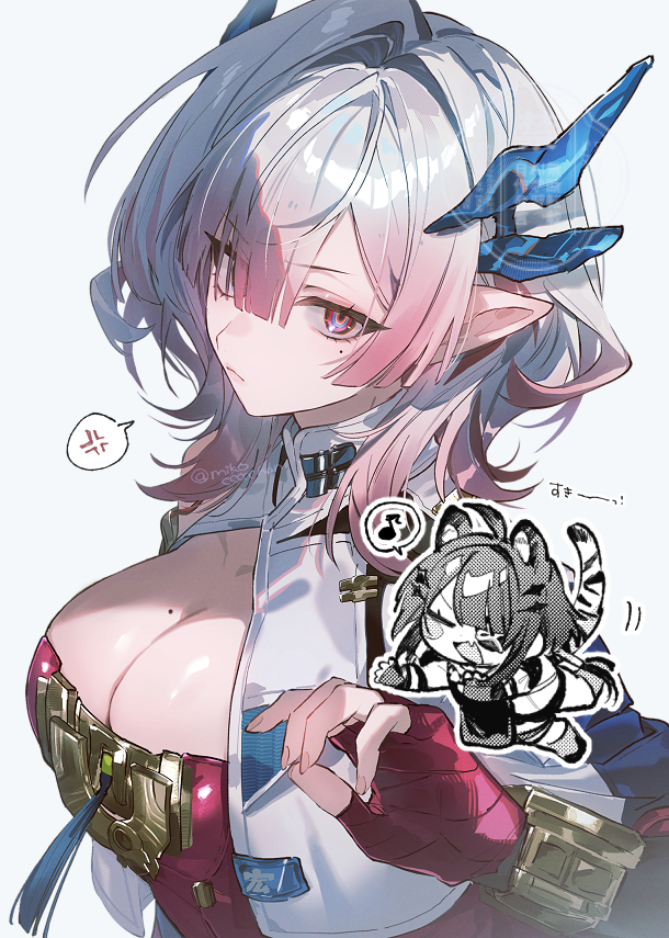 1girl, arknights, arknights:_endfield, breasts, chibi, cleavage, commentary, fingerless_gloves