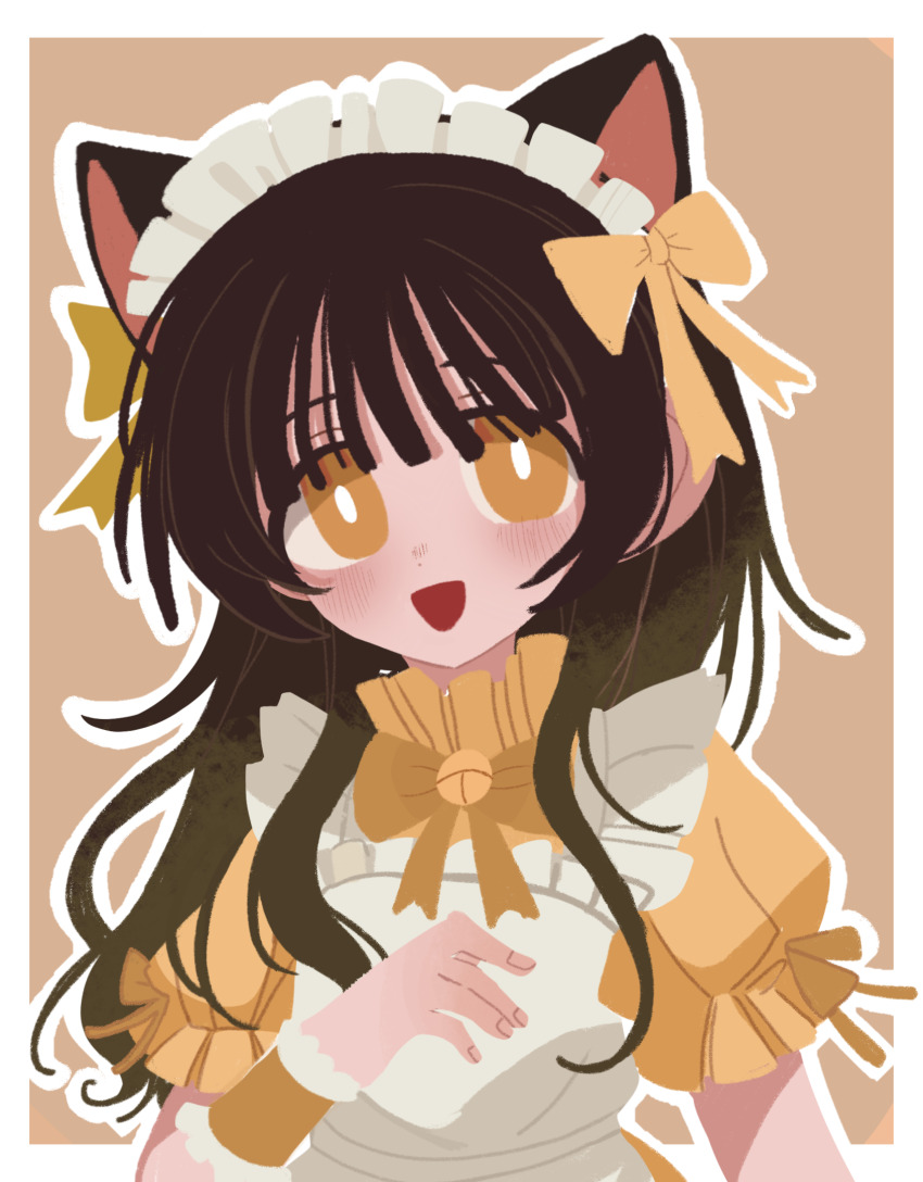 1girl, :d, april_fools_2025_cat_ear_maid_outfit_(saihate_eki), bell, blush, bow, bowtie, brown_hair