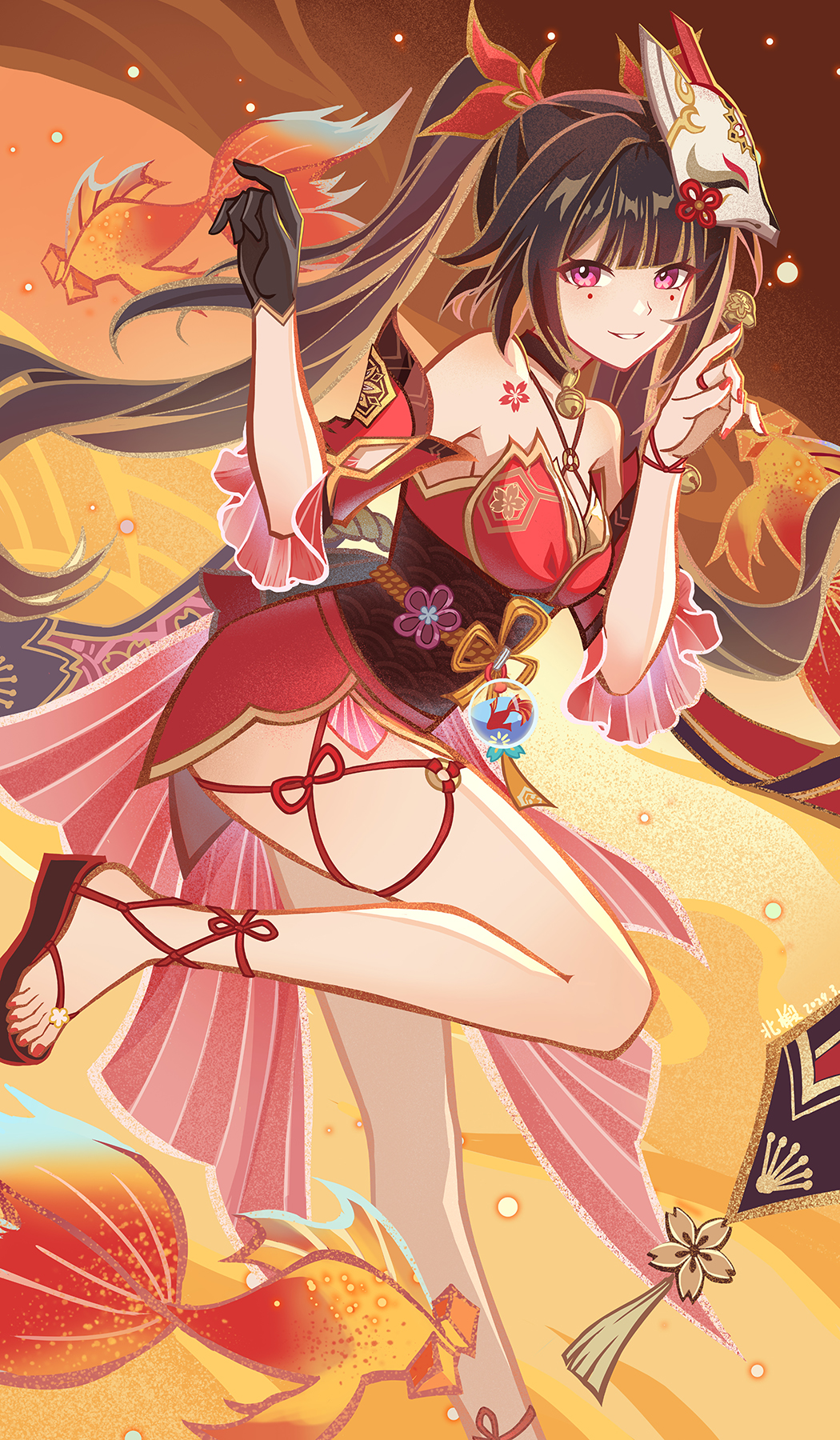 1girl, bare_shoulders, beiduan, black_gloves, black_hair, breasts, brown_hair, chinese_clothes, cleavage, closed_mouth, dress, fish, fox_mask, full_body, genius_invokation_tcg_(style), gloves, goldfish, hair_ornament, highres, honkai:_star_rail, honkai_(series), japanese_clothes, kimono, long_hair, looking_at_viewer, mask, nail_polish, pink_eyes, ponytail, red_nails, sandals, single_glove, smile, solo, sparkle_(honkai:_star_rail), tattoo, toenail_polish, toenails, toes