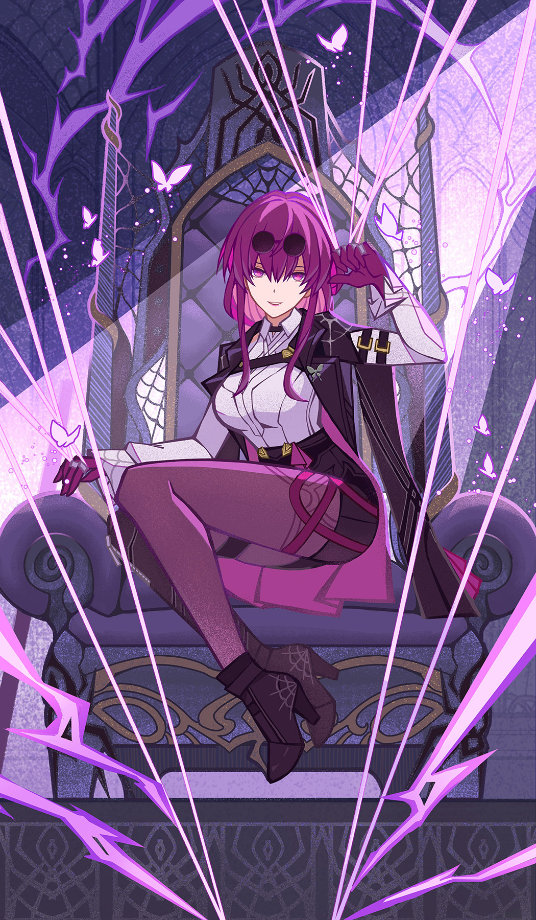 1girl, beiduan, black_jacket, black_skirt, boots, breasts, bug, butterfly