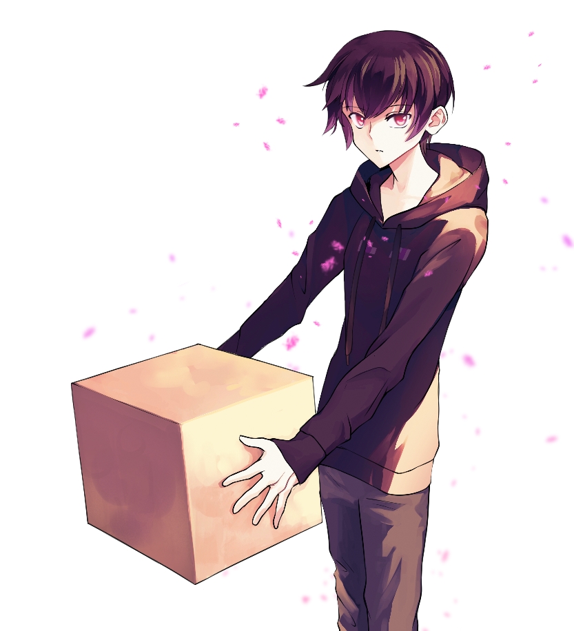 1boy, aweto, black_hair, black_hoodie, box, commentary_request, enderman, hood