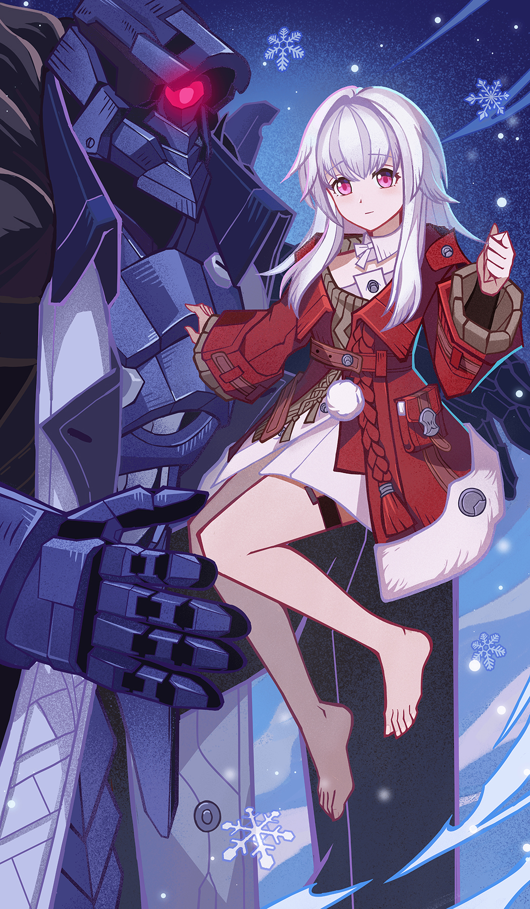 1girl, barefoot, beiduan, clara_(honkai:_star_rail), coat, dress, genius_invokation_tcg_(style), glowing