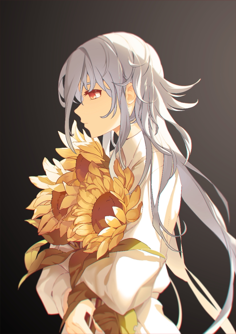 1girl, aweto, commentary_request, flower, gradient_background, grey_hair, holding, holding_flower
