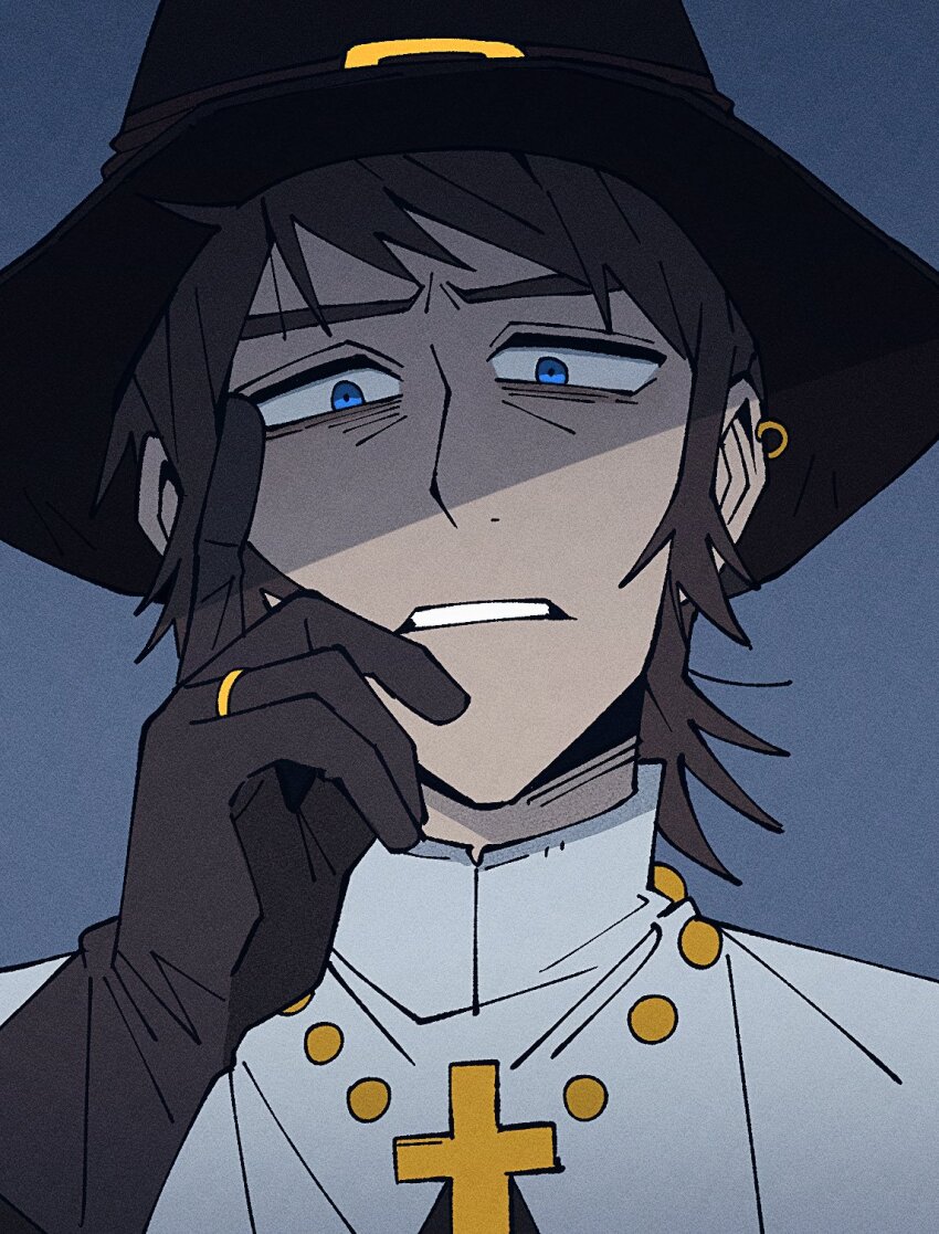 1boy, black_gloves, blue_background, blue_eyes, brown_hair, capotain, commentary, cross