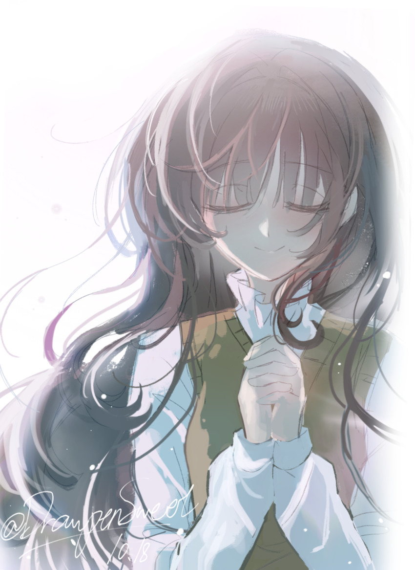 1girl, absurdres, backlighting, blush, brown_hair, closed_eyes, commentary, dated