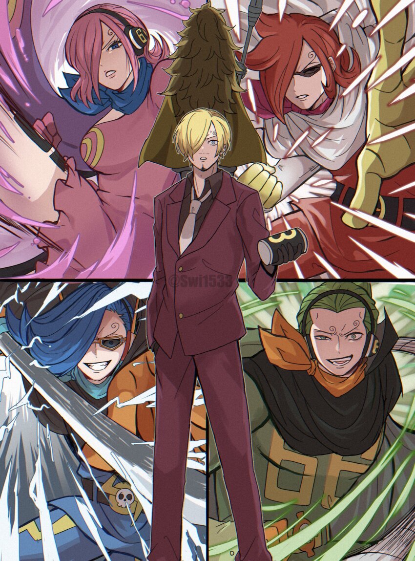 1girl, 5boys, blonde_hair, blue_hair, blue_neckerchief, brother_and_sister, clenched_teeth, collared_shirt