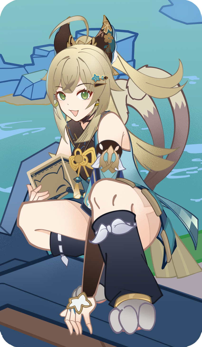 1girl, :d, absurdres, ahoge, animal_ears, blonde_hair, book, box